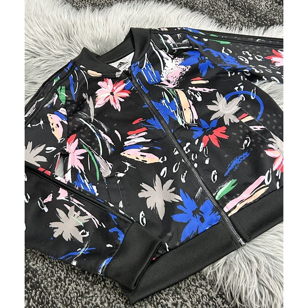 Adidas Girls Floral Tricot Bomber Jacket TRACK‎ Size L Large 14 Black Floral - Picture 2 of 3